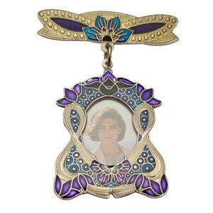 Blue Purple Enamel Photo Holder Brooch Bar Dangle Pin C629
